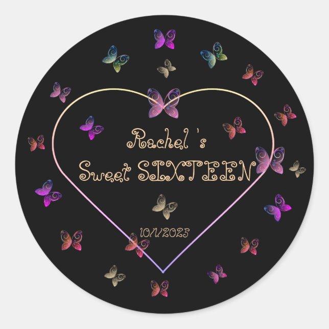 Pegatina Redonda sweet Pink Heart Butterflies Sweet 16 Birthday  (Anverso)