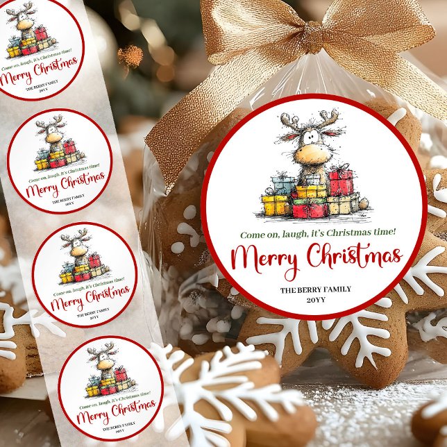 Pegatina Redonda Sweet quirky reindeer fun holiday sticker label (Sweet quirky reindeer fun holiday sticker label)