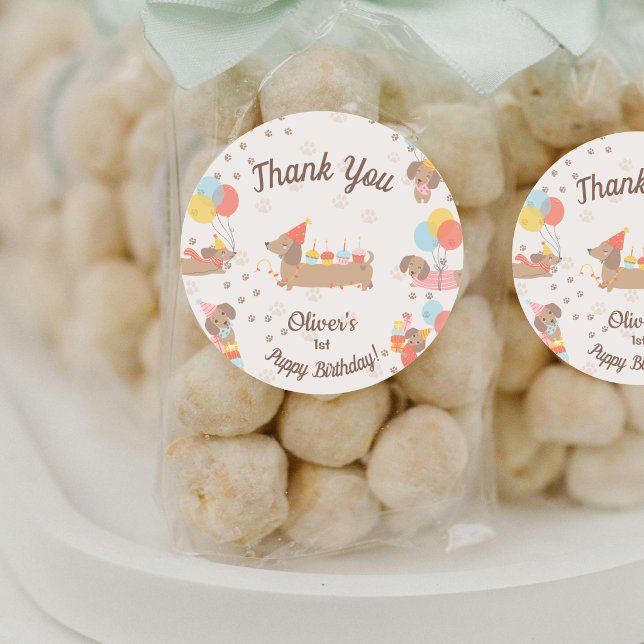 Pegatina Redonda Sweet Sausage Puppy Birthday Party Thank You (Subido por el creador)