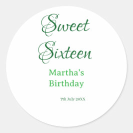 Pegatina Redonda Sweet Sixteen green name date calligraphy boho ret