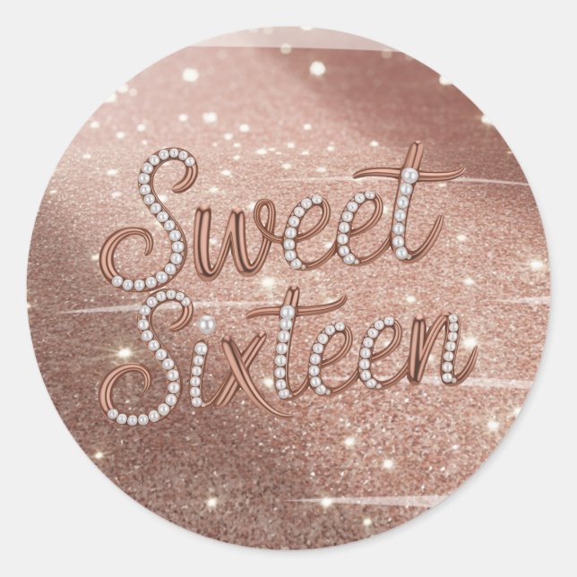 Pegatina Redonda Sweet Sixteen In Rose Gold and Pearls (Anverso)