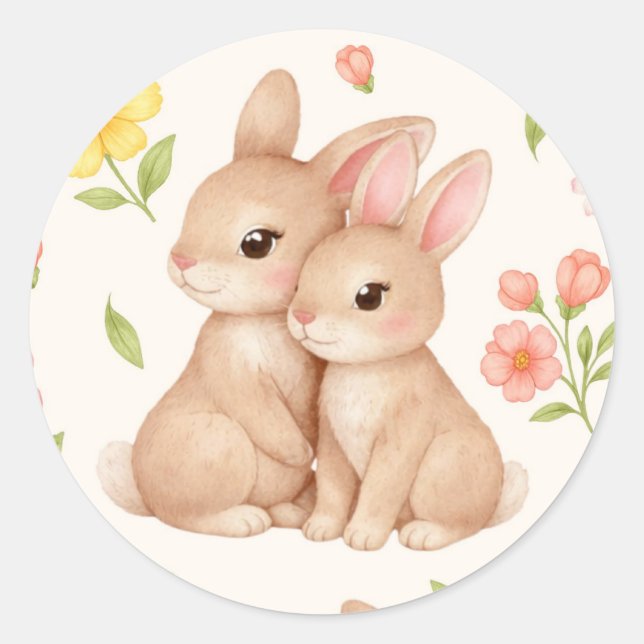 Pegatina Redonda Sweet Spring Bunnies & Floral Garden Pattern (Anverso)