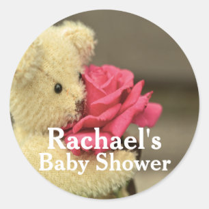 Pegatina Redonda Sweet Teddy Bear Con Baby Shower Rosa