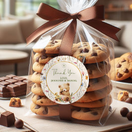 Pegatina Redonda Sweet Teddy Bear Floral Baby Shower Gracias