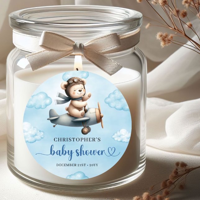 Pegatina Redonda Sweet Teddy Bear Pilot Blue Brown Boy Baby Shower  (Sweet Teddy Bear Pilot Blue Brown Boy Baby Shower Sticker)