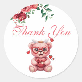 Pegatina Redonda Sweet Teddy Bear Pink Baby Shower Thank You