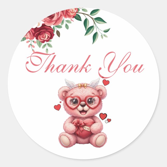 Pegatina Redonda Sweet Teddy Bear Pink Baby Shower Thank You (Anverso)