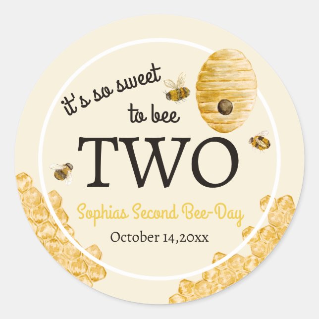 Pegatina Redonda Sweet To Bee Two Second Birthday Bees Honeycomb (Anverso)