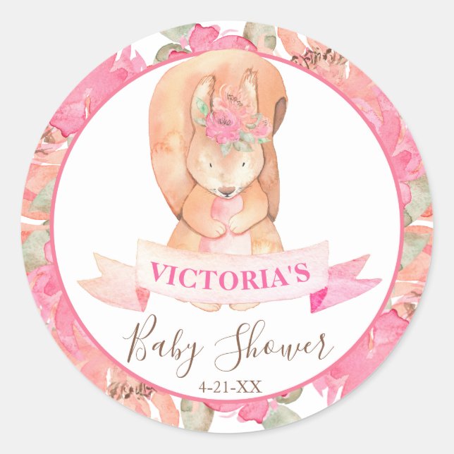 Pegatina Redonda Sweet Woodland Squirrel Boho Floral Baby Shower (Anverso)