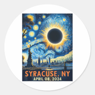 Pegatina Redonda Syracuse New York Eclipse Solar Total 2024 Starry