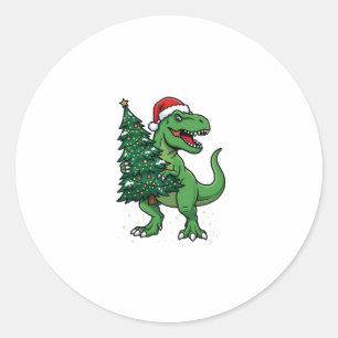 Pegatina Redonda T-Rex de Navidad llevando árbol de Navidad