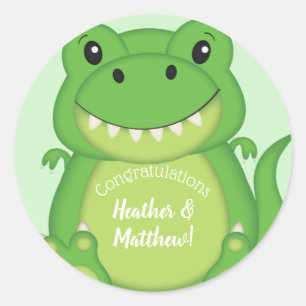 Pegatina Redonda T-Rex Dinosaur Baby Shower Green