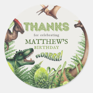 Pegatina Redonda T-Rex Dinosaur Birthday Party Gracias