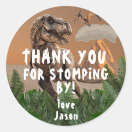 Pegatina Redonda T-Rex Dinosaur Birthday Party Gracias