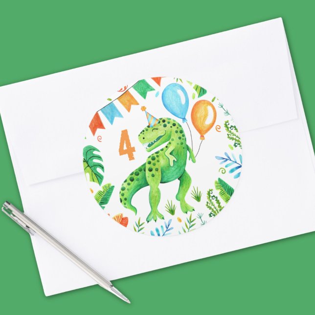 Pegatina Redonda T rex Dinosaur Boys Nacimiento acuático (T rex Dinosaur Boys Birthday Watercolor Classic Round Sticker)