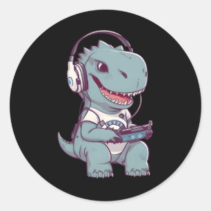 Pegatina Redonda T. Rex-dinosaur Jugando Videojuego Gaming Gamer Pl
