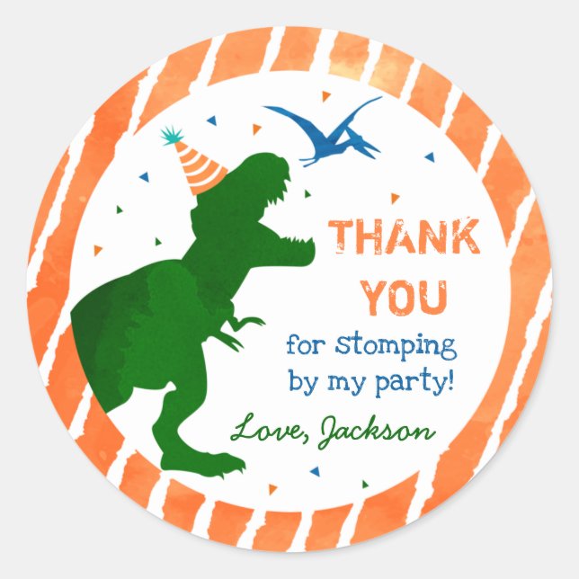Pegatina Redonda T-rex Dinosaur Tres Fiestas Rex Gracias Pegatinas (Anverso)