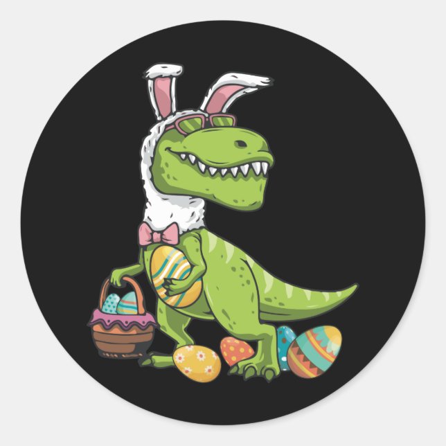 Pegatina Redonda T Rex Easter Bunny Dinosaur Boys Basket Stuffers (Anverso)
