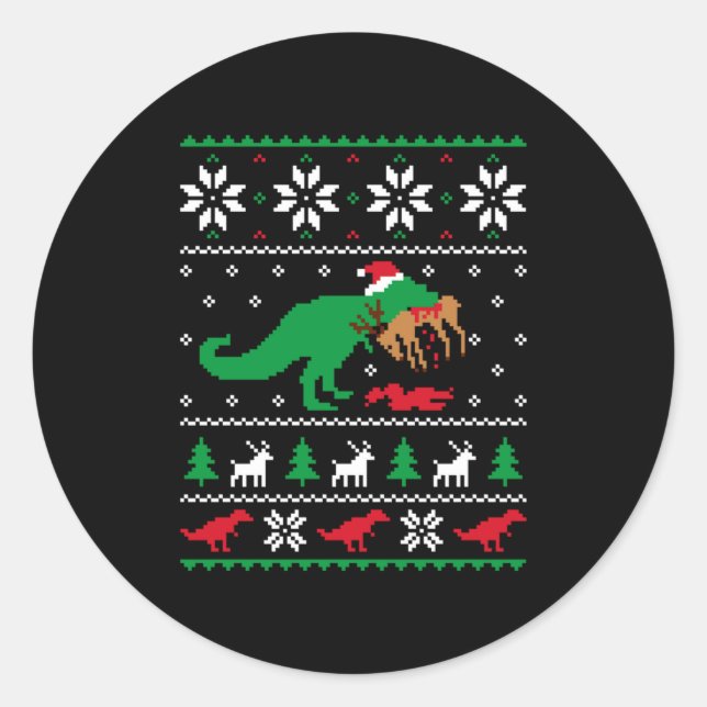 Pegatina Redonda T Rex Eating Reindeer Funny Dinosaur Christmas Ugl (Anverso)