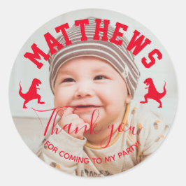 Pegatina Redonda T rex gracias cumpleaños de los niños de Dinosaur