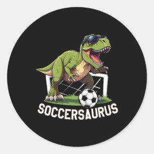 Pegatina Redonda T-rex Jugando Fútbol Dinosaurio Fútbol Juego
