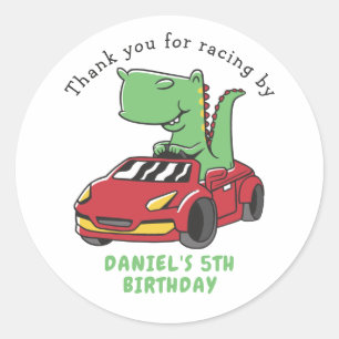 Pegatina Redonda T-Rex Race Car Kids Birday Fiesta