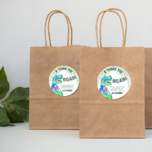 Pegatina Redonda T-Rex Rugido Fiesta de Dinosaurios Gracias