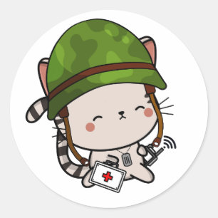 Pegatina Redonda Tabby Cat Usando casco del ejército