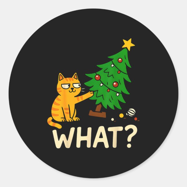 Pegatina Redonda Tabby Cat Xmas Cat Pushing Christmas Tree Over Cat (Anverso)