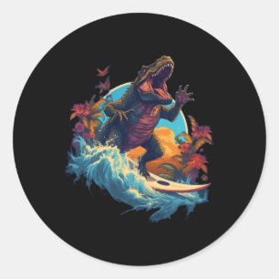 Pegatina Redonda Tabla de surf de dinosaurio Playa Surfista Dinosau