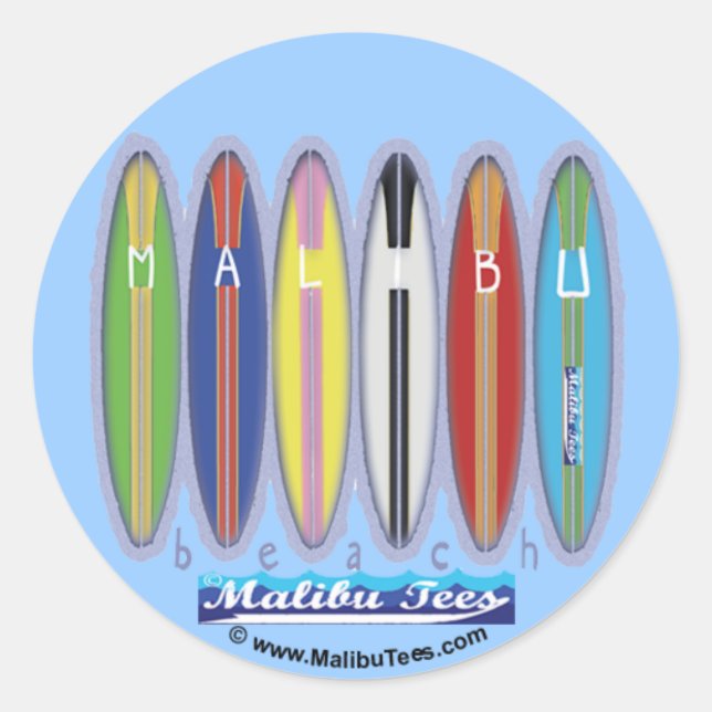 Pegatina Redonda tablas de surf de Malibu Beach (Anverso)