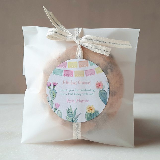 Pegatina Redonda Taco Acerca De Un Fiesta De Baby Shower Fiesta Gra (Colorful Mexican theme Taco TWOsday or THREE-esta birthday party favor thank you sticker)