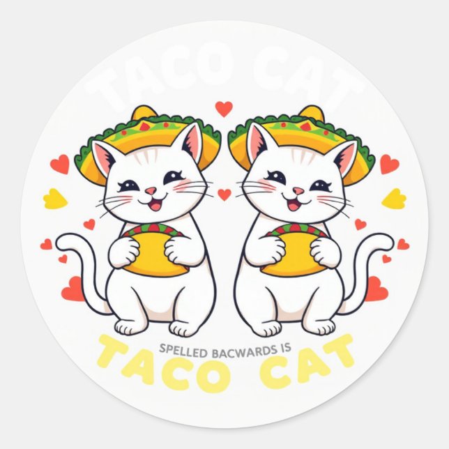 Pegatina Redonda Taco Cat Palindrome Fiesta Cuta Chibi Art (Anverso)