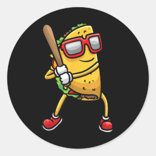 Pegatina Redonda Taco jugando béisbol Mexicano Cinco De Mayo Niños