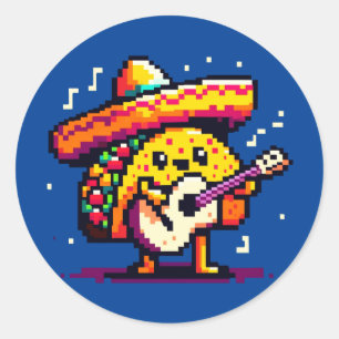 Pegatina Redonda Taco musical: Diversión de la Fiesta de 8 bits