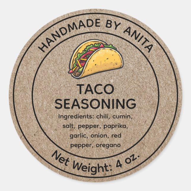 Pegatina Redonda Taco Seasning Blend Jar Label Kraft Paper Style (Anverso)