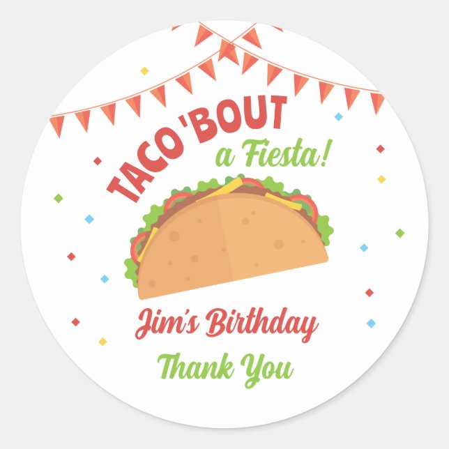 Pegatina Redonda Taco sobre Fiesta Cumpleaños (Anverso)