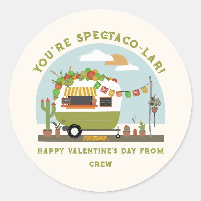 Pegatina Redonda Taco Truck Pun Green Camper School Valentine (Anverso)