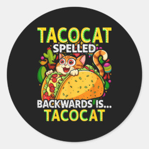 Pegatina Redonda Tacocat deletreado al revés taco cat cinco de mayo