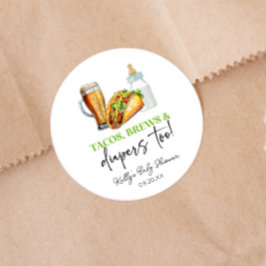 Pegatina Redonda Tacos Cervezas y Pañales ¡Demasiado! Baby Shower