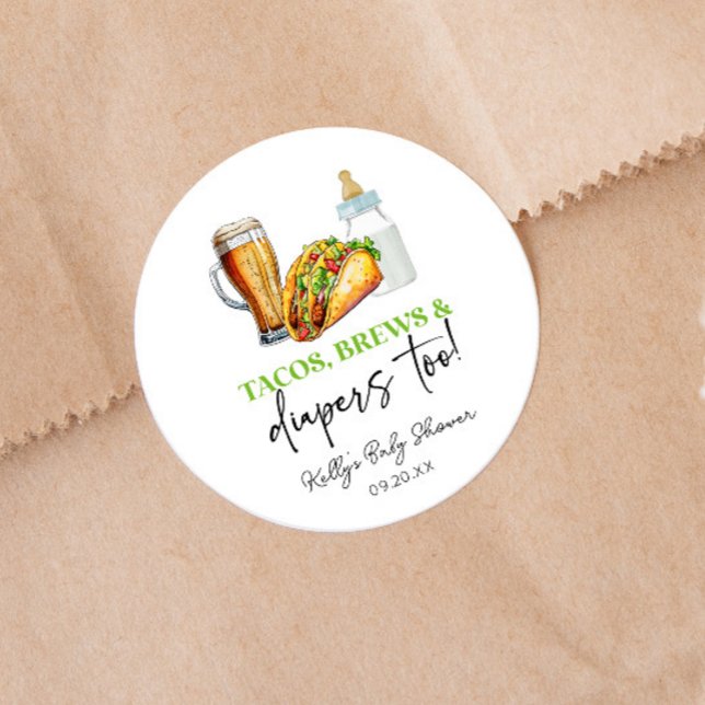 Pegatina Redonda ¡Tacos Cervezas y Pañales También! Baby Shower (Subido por el creador)