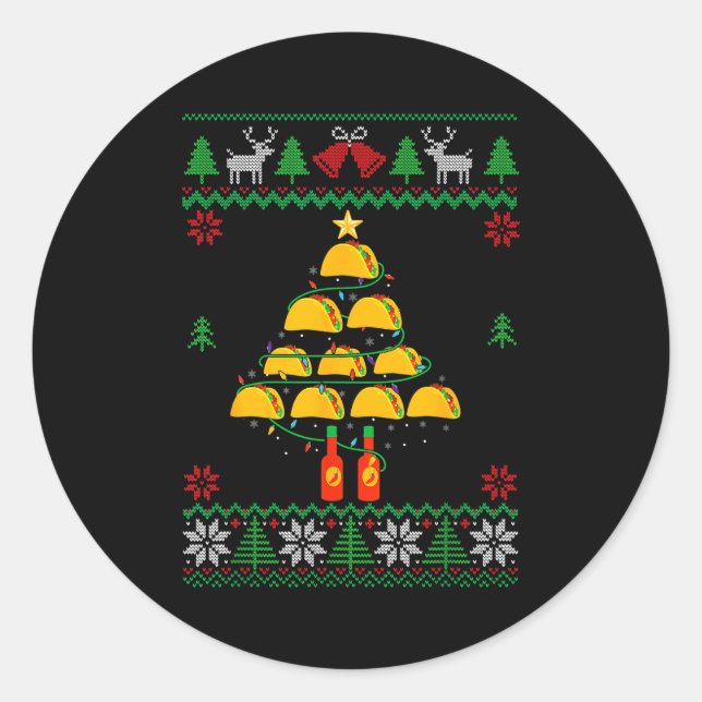Pegatina Redonda Tacos Christmas Tree Ugly Sweater Christmas Family (Anverso)