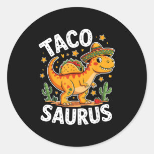 Pegatina Redonda Tacosaurus dinosaur cinco de mayo para taco y