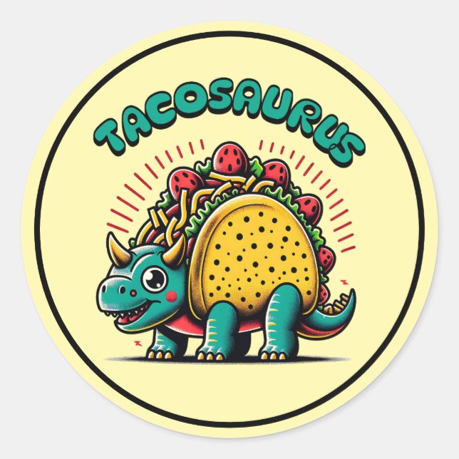 Pegatina Redonda Tacosaurus Triceratops Funny Cartoon (Anverso)