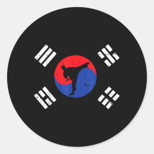 Pegatina Redonda Taekwondo Corea del Sur Bandera Vintage Arte Marci