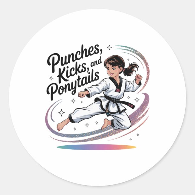 Pegatina Redonda Taekwondo Girl Black Belt Punches Kicks Ponytails  (Anverso)