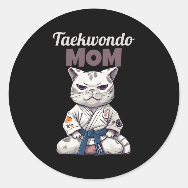 Pegatina Redonda Taekwondo Mom Cat Karate Judo (Anverso)