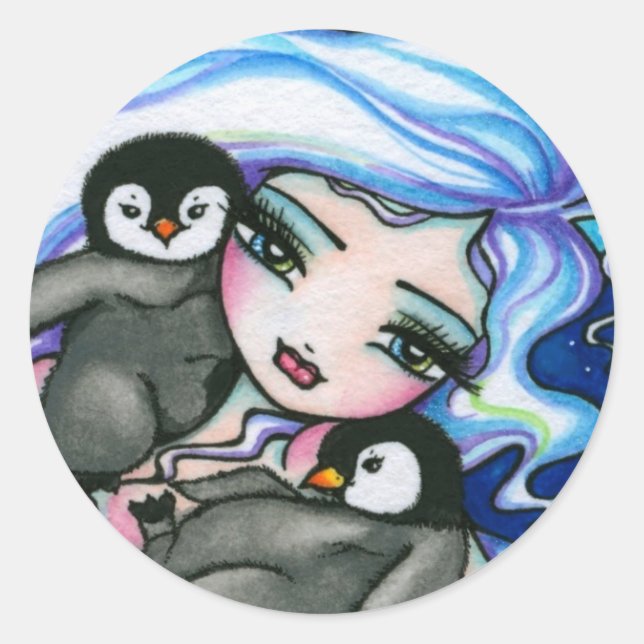 Pegatina Redonda "Tag Alongs" Mermaid Baby Pingüinos Fantasía (Anverso)