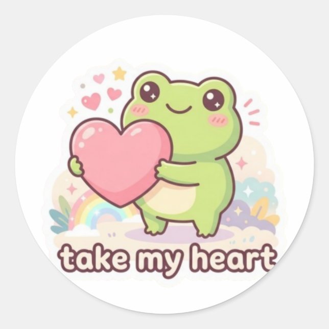 Pegatina Redonda Take My Heart Frog Sticker Cute Frog Giving Heart  (Anverso)