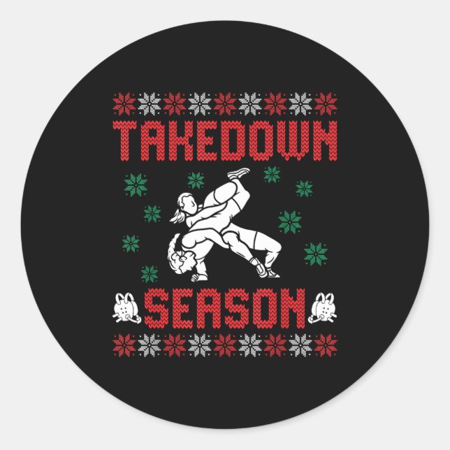 Pegatina Redonda Takedown Season Girls Wrestling Ugly Sweater Chris (Anverso)